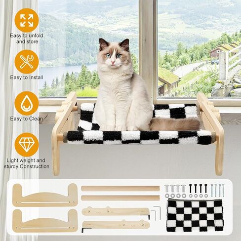 مجثم للقطط على عتبة النافذة، مقعد نافذة ارجوحة للقطط مع اطار خشبي ومعدني للقطط الكبيرة في الاماكن المغلقة، رف نافذة متين قابل للتعديل، بدون اكواب شفط لسرير القطط للنافذة وجانب السرير والدرج والخزانة in Kuwait
