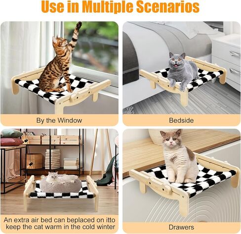 مجثم للقطط على عتبة النافذة، مقعد نافذة ارجوحة للقطط مع اطار خشبي ومعدني للقطط الكبيرة في الاماكن المغلقة، رف نافذة متين قابل للتعديل، بدون اكواب شفط لسرير القطط للنافذة وجانب السرير والدرج والخزانة in Kuwait