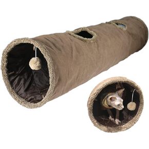 Cat Tunnel for Indoor Cats, 51×12 inch Foldable Big Cat Tunnel, Brown Suede Pet Tunnels with Two Peepholes and a Bubble Ball