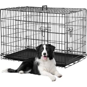 Dog Crates for Large Dogs Outdoor Indoor, Dog Cage Kennel Foldable Metal Wire Dog Crate with Leak-Proof Tray and Handle Double Door, Animal Pet Cage, 36 Inch