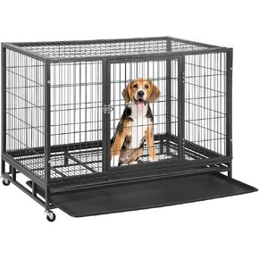 BestPet 48 بوصة قفص الكلب الثقيل، قفص كبير للكلاب، بيوت الكلاب المعدنية القوية مع أبواب مزدوجة، عجلات قابلة للقفل، صناديق الكلاب الداخلية والخارجية للكلاب المتوسطة والكبيرة مع صينية قابلة للإزالة in Kuwait