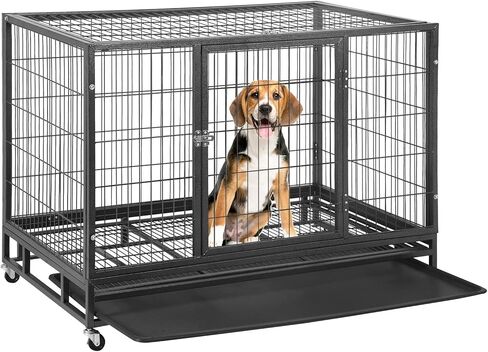 BestPet 48 بوصة قفص الكلب الثقيل، قفص كبير للكلاب، بيوت الكلاب المعدنية القوية مع أبواب مزدوجة، عجلات قابلة للقفل، صناديق الكلاب الداخلية والخارجية للكلاب المتوسطة والكبيرة مع صينية قابلة للإزالة in Kuwait