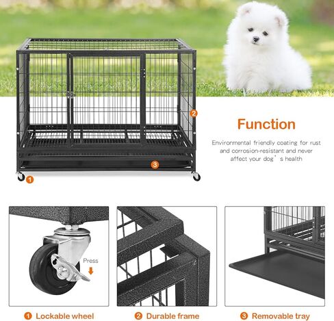 BestPet 48 بوصة قفص الكلب الثقيل، قفص كبير للكلاب، بيوت الكلاب المعدنية القوية مع أبواب مزدوجة، عجلات قابلة للقفل، صناديق الكلاب الداخلية والخارجية للكلاب المتوسطة والكبيرة مع صينية قابلة للإزالة in Kuwait