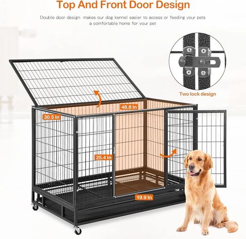 BestPet 48 بوصة قفص الكلب الثقيل، قفص كبير للكلاب، بيوت الكلاب المعدنية القوية مع أبواب مزدوجة، عجلات قابلة للقفل، صناديق الكلاب الداخلية والخارجية للكلاب المتوسطة والكبيرة مع صينية قابلة للإزالة in Kuwait