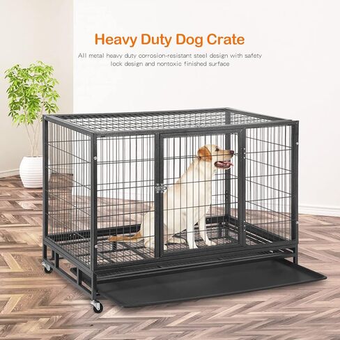 BestPet 48 بوصة قفص الكلب الثقيل، قفص كبير للكلاب، بيوت الكلاب المعدنية القوية مع أبواب مزدوجة، عجلات قابلة للقفل، صناديق الكلاب الداخلية والخارجية للكلاب المتوسطة والكبيرة مع صينية قابلة للإزالة in Kuwait