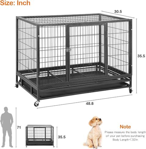 BestPet 48 بوصة قفص الكلب الثقيل، قفص كبير للكلاب، بيوت الكلاب المعدنية القوية مع أبواب مزدوجة، عجلات قابلة للقفل، صناديق الكلاب الداخلية والخارجية للكلاب المتوسطة والكبيرة مع صينية قابلة للإزالة in Kuwait
