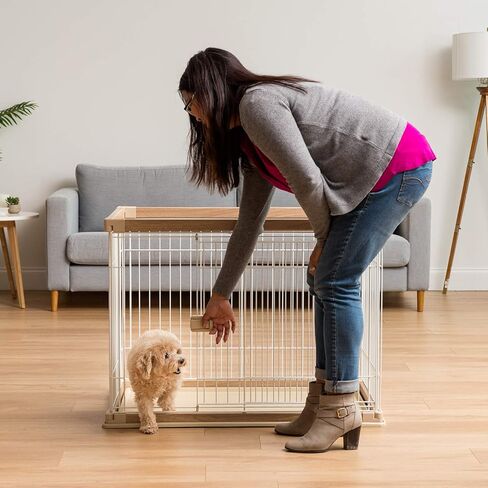 IRIS USA Furniture-Style Wooden Enclosed Pet Crate, Puppy Small Medium Dog Easy Cleaning Multi-Purpose Modern Wire Kennel, Dark Brown in Kuwait