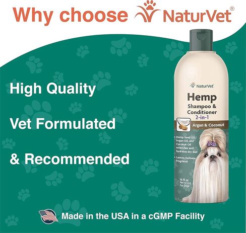 شامبو وبلسم NaturVet Hemp 2 في 1 مع الأرغان وجوز الهند للكلاب، سائل 16 أونصة، صنع في الولايات المتحدة الأمريكية in Kuwait