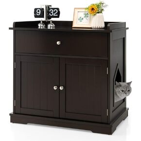 PETSITE Cat Litter Box Enclosure, Large Cat Washroom End Table with Drawer & 2 Doors, Wooden Cat House Storage Cabinet, Hidden Litter Box Furniture, Brown