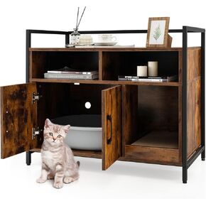 PETSITE Cat Litter Box Enclosure, Litter Box Cabinet with Cat Scratcher, 2-Door Storage Cabinet, 2 Open Compartments and Air Vents, Wooden Hidden Litter Box Furniture, Black