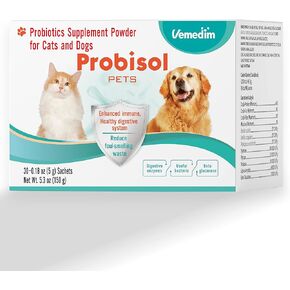 Vemedim Probisol Pets، مسحوق بروبيوتيك للكلاب والقطط، يساعد على دعم المناعة الصحية والجهاز الهضمي، ويقلل من النفايات ذات الرائحة الكريهة، وهضم أفضل/نكهة الحليب/ 5.3 أونصة (150 جم) -30 عبوة in Kuwait