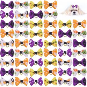 Petunny Halloween Dog Hair Bows - 50Pcs Yorkie Dog Bows Bowknot Fall Autumn Pet Hair Bows with Rubber Bands Handmade Pet Hair Accessories(Random Color) in Saudi Arabia