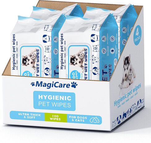مناديل مبللة للحيوانات الأليفة من MAGICARE - 100 قطعة من مناديل مبللة للكلاب - مناديل تنظيف غير معطرة لمخالب الكلاب مقاس 8 × 8 بوصة للجسم والأذنين والوجه والجلد - سميكة وناعمة للغاية بتركيبة مضادة للحساسية - مناديل مبللة مثالية للحيوانات الأليفة للكلاب وا in Kuwait