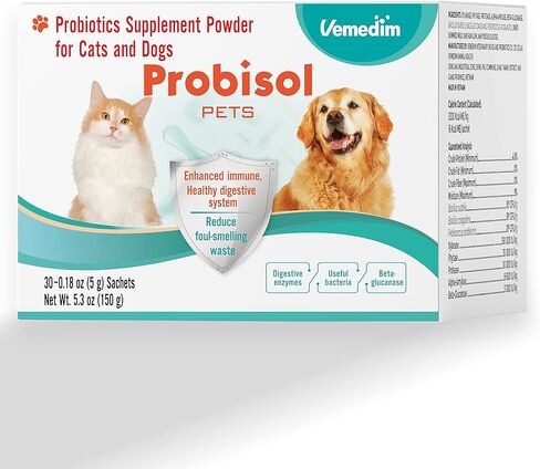 Vemedim Probisol Pets، مسحوق بروبيوتيك للكلاب والقطط، يساعد على دعم المناعة الصحية والجهاز الهضمي، ويقلل من النفايات ذات الرائحة الكريهة، وهضم أفضل/نكهة الحليب/ 5.3 أونصة (150 جم) -30 عبوة in Kuwait