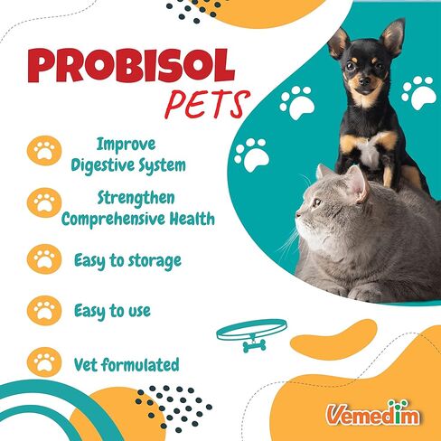 Vemedim Probisol Pets، مسحوق بروبيوتيك للكلاب والقطط، يساعد على دعم المناعة الصحية والجهاز الهضمي، ويقلل من النفايات ذات الرائحة الكريهة، وهضم أفضل/نكهة الحليب/ 5.3 أونصة (150 جم) -30 عبوة in Kuwait