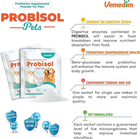 Vemedim Probisol Pets، مسحوق بروبيوتيك للكلاب والقطط، يساعد على دعم المناعة الصحية والجهاز الهضمي، ويقلل من النفايات ذات الرائحة الكريهة، وهضم أفضل/نكهة الحليب/ 5.3 أونصة (150 جم) -30 عبوة in Kuwait