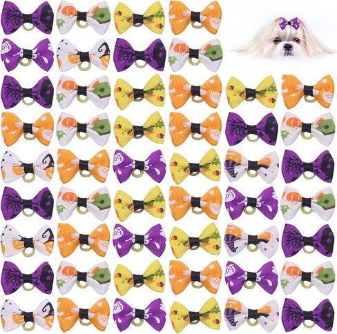 Petunny Halloween Dog Hair Bows - 50Pcs Yorkie Dog Bows Bowknot Fall Autumn Pet Hair Bows with Rubber Bands Handmade Pet Hair Accessories(Random Color) in Saudi Arabia