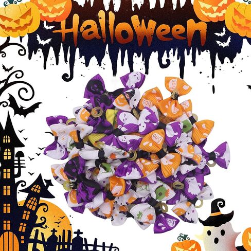 Petunny Halloween Dog Hair Bows - 50Pcs Yorkie Dog Bows Bowknot Fall Autumn Pet Hair Bows with Rubber Bands Handmade Pet Hair Accessories(Random Color) in Saudi Arabia