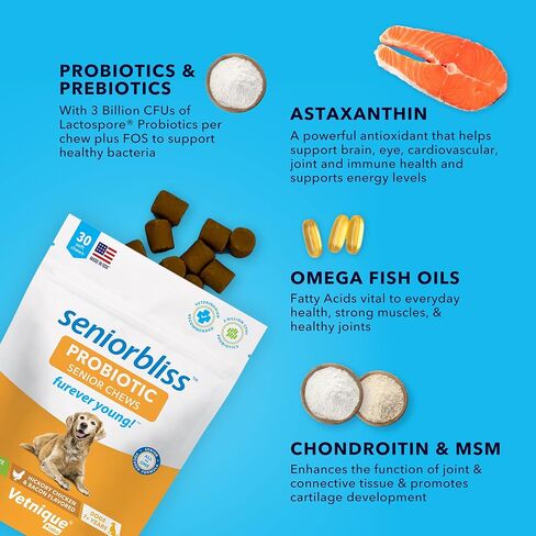 Vetnique Seniorbliss Senior Dog Multivitamin with Glucosamine, Omega 3 Fish Oil, and Probiotics - for Dog Joints, Digestive and Immune Support for Optimal Health (All-in-One Daily Vitamin, 30ct) in Saudi Arabia