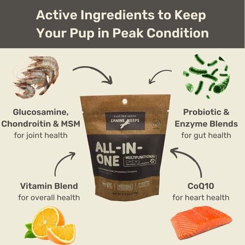 تحافظ الكلاب على مضغ الفيتامينات المتعددة للكلاب - الجلوكوزامين، والكوندرويتين، والبروبيوتيك، وفيتامينات ومكملات الكلاب - دعم مفاصل الكلاب، ومكمل صحة القلب والأمعاء والمناعة - 90 قطعة من الحلوى للكلاب in Kuwait