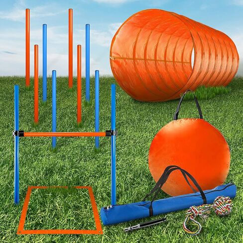 Dog Agility Training Equipment, 28 Piece Dog Obstacle Course, Training and Interactive Play includes Dog Tunnel, Adjustable Hurdles, Poles, Whistle, Rope Toy with Carrying Case in Saudi Arabia
