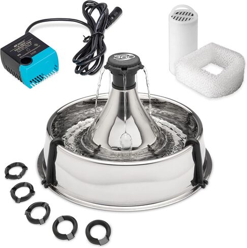 PetSafe Stainless 360 Pet Fountain - 1 Gallon (128 oz) Dog and Cat Water Fountain - Water Filters Remove Hair - Water Dispenser Entices Pets to Drink - Customizable Cat and Dog Water Bowl Dispenser in Saudi Arabia