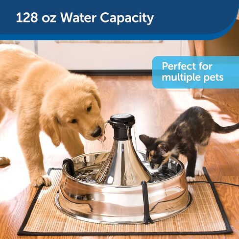 PetSafe Stainless 360 Pet Fountain - 1 Gallon (128 oz) Dog and Cat Water Fountain - Water Filters Remove Hair - Water Dispenser Entices Pets to Drink - Customizable Cat and Dog Water Bowl Dispenser in Saudi Arabia