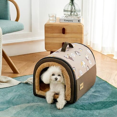 Jiupety Cozy Small Pet Dog House, 2 in 1 Puppy House, S Size for ​Cat and Puppy, Warm Cave Sleeping Nest for Cats and Dogs, Brown in Saudi Arabia