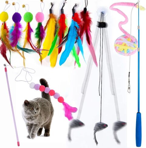 11 قطعة من لعبة عصا القطط القابلة للسحب ورأس بديل، معلقة ألعاب القطط التفاعلية للأماكن المغلقة والقطط الصغيرة تلعب المطاردة والتمرين البدني، ألعاب الألغاز الهريرة المرحة للعقلية in Kuwait