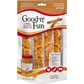 لفات كبيرة من Good 'n' Fun ثلاثية النكهة، عدد 4، مضغ من الجلد الخام لجميع الكلاب