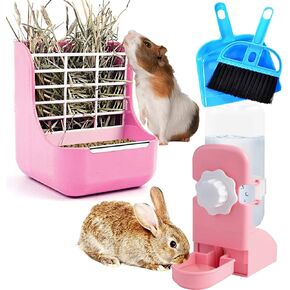 HERCOCCI Rabbit Hay Food Bin Feeder and Bunny Water Bottle Set, Hay Food Feeder Bowls Manger Rack with 500ml Hanging Water Dispenser Prevent Knock Over for Rabbit Guinea Pig Chinchilla (Large, Pink) in Saudi Arabia