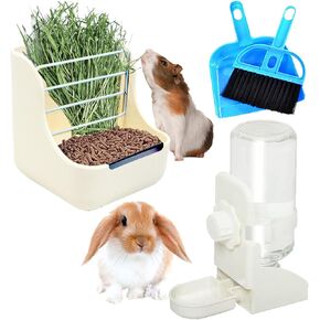 HERCOCCI أرنب هاي فود بن تغذية ومجموعة زجاجات مياه أرنب، أوعية تغذية طعام هاي مع موزع مياه معلق 500 مل يمنع الضرب لأرنب غينيا خنزير شينشيلا (متوسط، وردي) in Kuwait