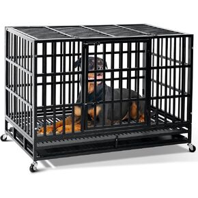 قفص كلب غير قابل للتدمير للخدمة الشاقة من WOKEEN، قفص كلب مقاس XXL مقاس 48 بوصة، قفص كلب مقاوم للهروب للكلاب شديدة القلق والكلاب الكبيرة/أنبوب مسطح سميك/صينية ترقية/تصميم أقفال قوي/باب مزدوج بعجلات in Kuwait