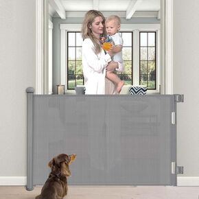 Retractable Baby Gate, Upgraded One-Way Lock Mesh Dog Gate Tall 34", Extends up to 71" Extra Wide Pet Gates and Safety Child Gate for Stairs, Doorways, Hallways, Banisters, Indoors, Outdoors