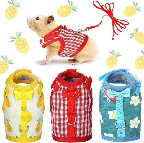 3 Pieces Guinea Pig Harness with Leash Small Pet Harness Fruit Plaid Pattern Adjustable Padded Walking Vest for Pet Hamster Ferret and Squirrel Small Animals (Pineapple, Blue, Green Plaid, Small) in Kuwait