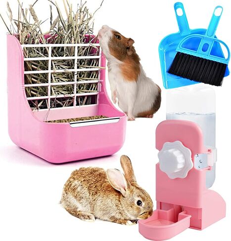 HERCOCCI Rabbit Hay Food Bin Feeder and Bunny Water Bottle Set, Hay Food Feeder Bowls Manger Rack with 500ml Hanging Water Dispenser Prevent Knock Over for Rabbit Guinea Pig Chinchilla (Large, Pink) in Kuwait