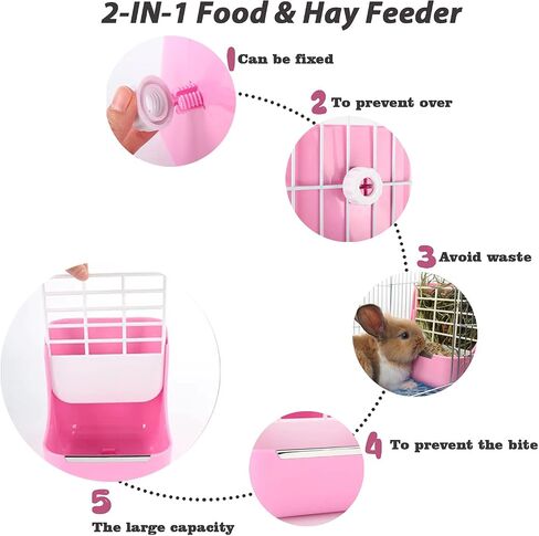HERCOCCI Rabbit Hay Food Bin Feeder and Bunny Water Bottle Set, Hay Food Feeder Bowls Manger Rack with 500ml Hanging Water Dispenser Prevent Knock Over for Rabbit Guinea Pig Chinchilla (Large, Pink) in Kuwait