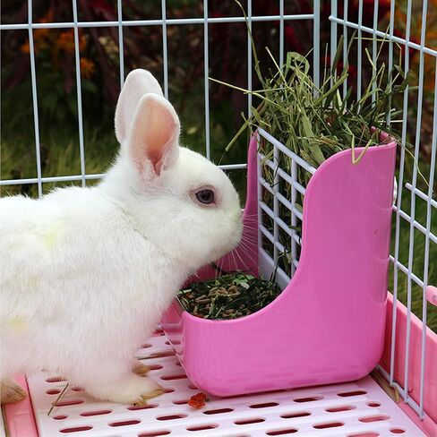 HERCOCCI Rabbit Hay Food Bin Feeder and Bunny Water Bottle Set, Hay Food Feeder Bowls Manger Rack with 500ml Hanging Water Dispenser Prevent Knock Over for Rabbit Guinea Pig Chinchilla (Large, Pink) in Kuwait