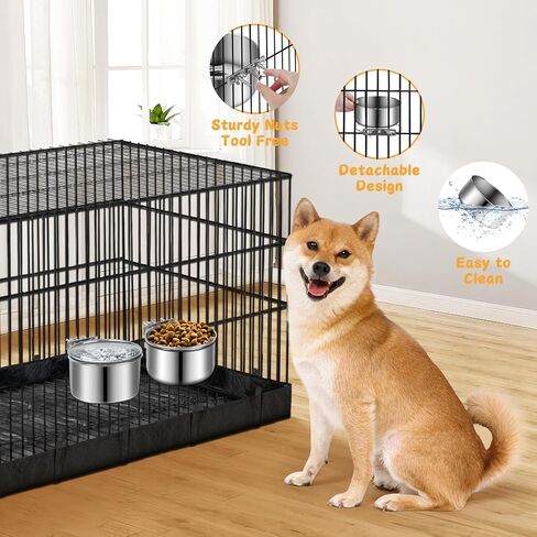 أوعية للكلاب من الفولاذ المقاوم للصدأ، عبوة من قطعتين من ShineMe بدون انسكاب في قفص ماء للكلاب، أوعية معلقة للحيوانات الأليفة للقفص والقفص وبيت الكلب - أوعية تغذية طعام معدنية للكلاب الكبيرة والمتوسطة الحجم (7.0 × 3.7 بوصة و6.2 × 2.5 بوصة) in Kuwait