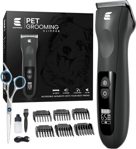 ESPPERO Dog Hair Clippers for Grooming - Dog Clippers with 3 Speed Levels [Low Noise] - Dog Clippers for Thick Coats with 7,000 RPM and Titanium Blade for Pets - Cordless Dog Grooming Kit 2200 mAh in Saudi Arabia