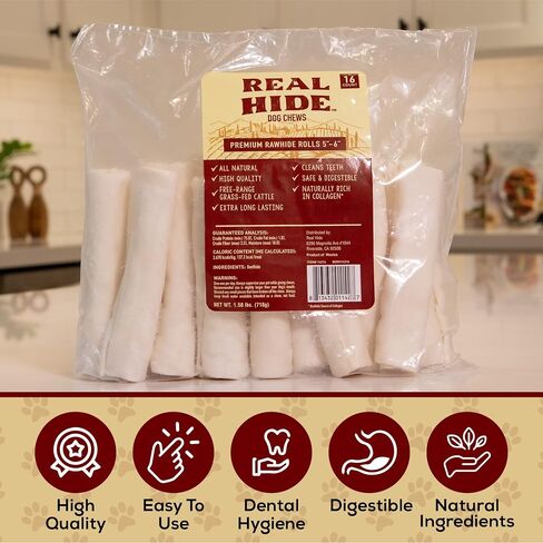 Realhide Real Hide جميع مكافآت مضغ الكلاب الطبيعية - لفائف الجلود الخام الممتازة، 9-10 بوصة - غطاء لحوم البقر طويل الأمد الذي يتغذى على العشب - كلاب متوسطة/كبيرة - 20 قطعة in Kuwait