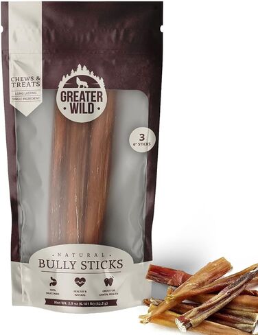 Beef Bully Sticks Dog Treats, 3 6" Sticks - Single Ingredient, All Natural, Long Lasting Dog Chews for Large and Small Dogs - 100% Digestible in Kuwait