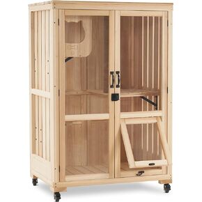 MCombo Luxury Cat House with Scratching Post, Wooden Multi Feature Large Cat Condo with Escape Door and Wheels, Kitten Cages with Shelter Indoor Outdoor CT83 (Natural)