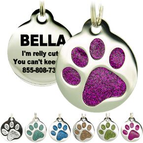 Engraved Cat Tags - Personalized with 4 Lines of Custom Engraved ID, Round Paw Print Stainless Steel Enameled in 6 colors: Ocean Blue, Aquamarine, Deep Pink, Magenta, Pale Green, Amber in Saudi Arabia