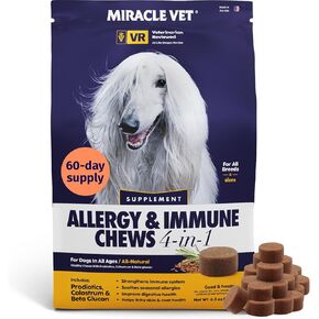 مضغ تخفيف حساسية الكلاب من MIRACLE VET - تخفيف حكة الكلاب ولدغات المناعة المسببة للحساسية - علاجات مكملات الحيوانات الأليفة - لعق المعطف، البقع الساخنة على الجلد، الحساسية، فيتامينات البروبيوتيك، دعم أمعاء اللبأ in Kuwait