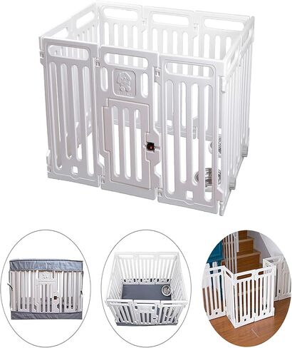 VATO White Transformable Playpen Panels, Three Functions, Pet Fence, Cage, Gate. Waterproof Cover and Mat, Build-in Basins, Waterproof, Dirt-Resistant, 9 Pieces Panels and one Door with Lock,VF-001. in Kuwait