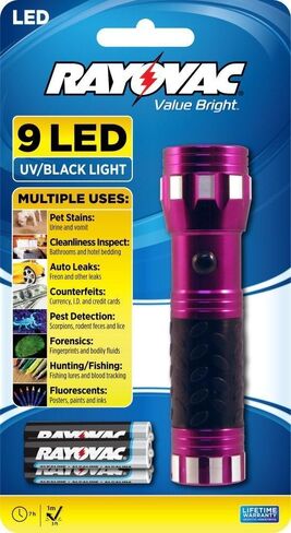 Rayovac UV Flashlight Black Light, 400 nm Ultraviolet Blacklight Detector for Dog Urine, Pet Stains, Bed Bug and Auto Leaks, Purple (BEUV3AAA-BA) in Kuwait