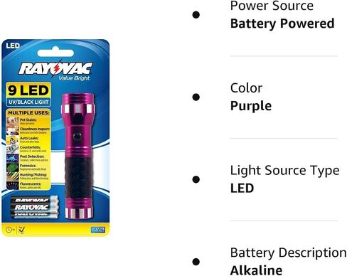 Rayovac UV Flashlight Black Light, 400 nm Ultraviolet Blacklight Detector for Dog Urine, Pet Stains, Bed Bug and Auto Leaks, Purple (BEUV3AAA-BA) in Kuwait