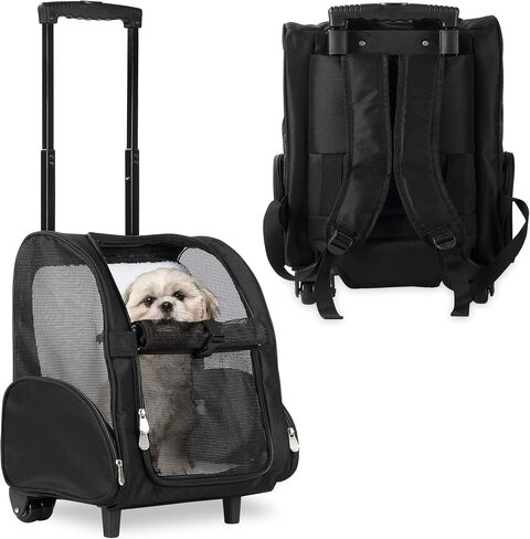 KOPEKS Deluxe Backpack Pet Travel Carrier with Double Wheels - Black - Approved by Most Airlines in Saudi Arabia