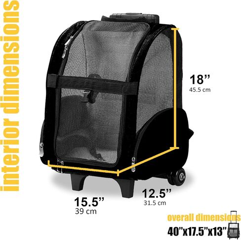 KOPEKS Deluxe Backpack Pet Travel Carrier with Double Wheels - Black - Approved by Most Airlines in Saudi Arabia